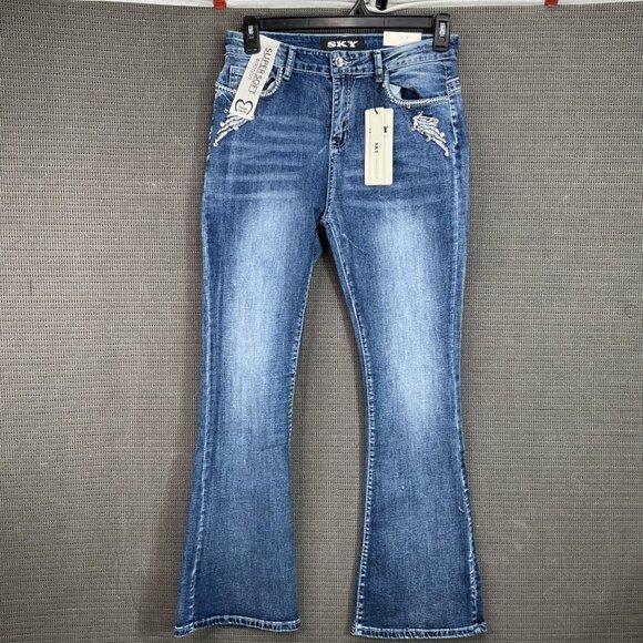 Sky Premium Women's Size 13 Blue Bootcut embellished Angel Wings Skull Jeans - Picture 2 of 12
